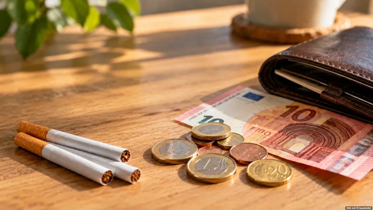 Zigarettenschachtel mit Euro-Münzen und Geldbörse als Symbol für die geplante Tabaksteuererhöhung 2027