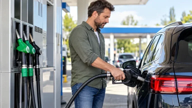 Autofahrer tankt sein Auto an einer Tankstelle – Tankrabatt 2026 für Benzin und Diesel