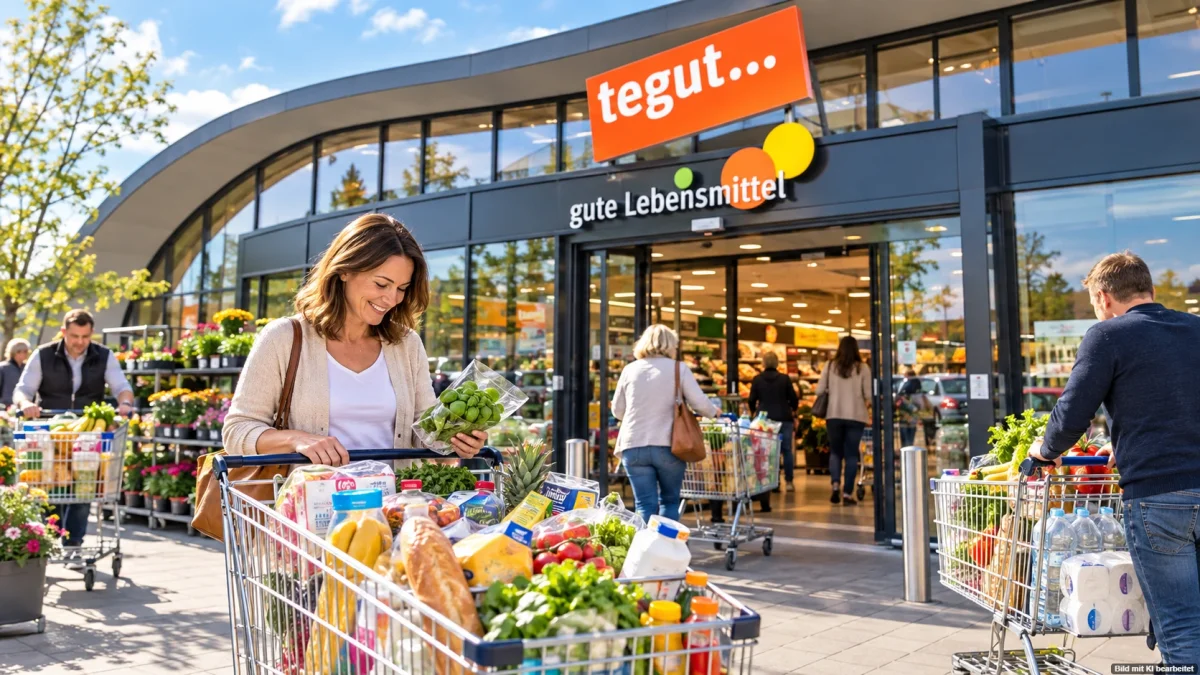 tegut-Supermarkt mit Einkaufswagen zum 50-Prozent-Abschiedsrabatt im Oktober 2026