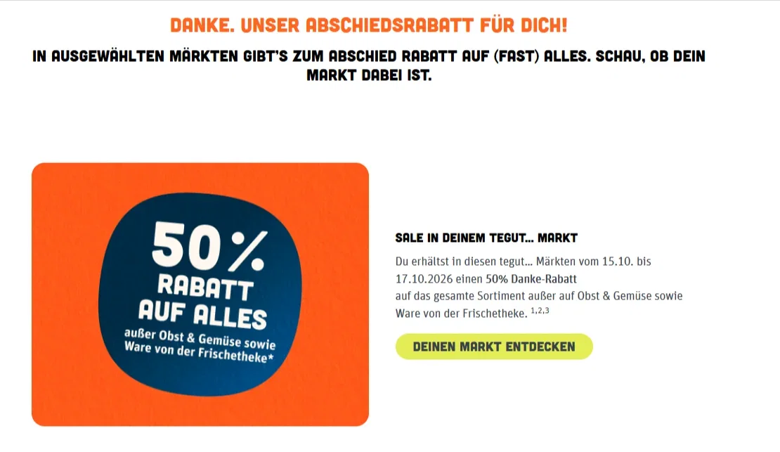 tegut 50 % Abschiedsrabatt: Alle Infos bis 17. Oktober