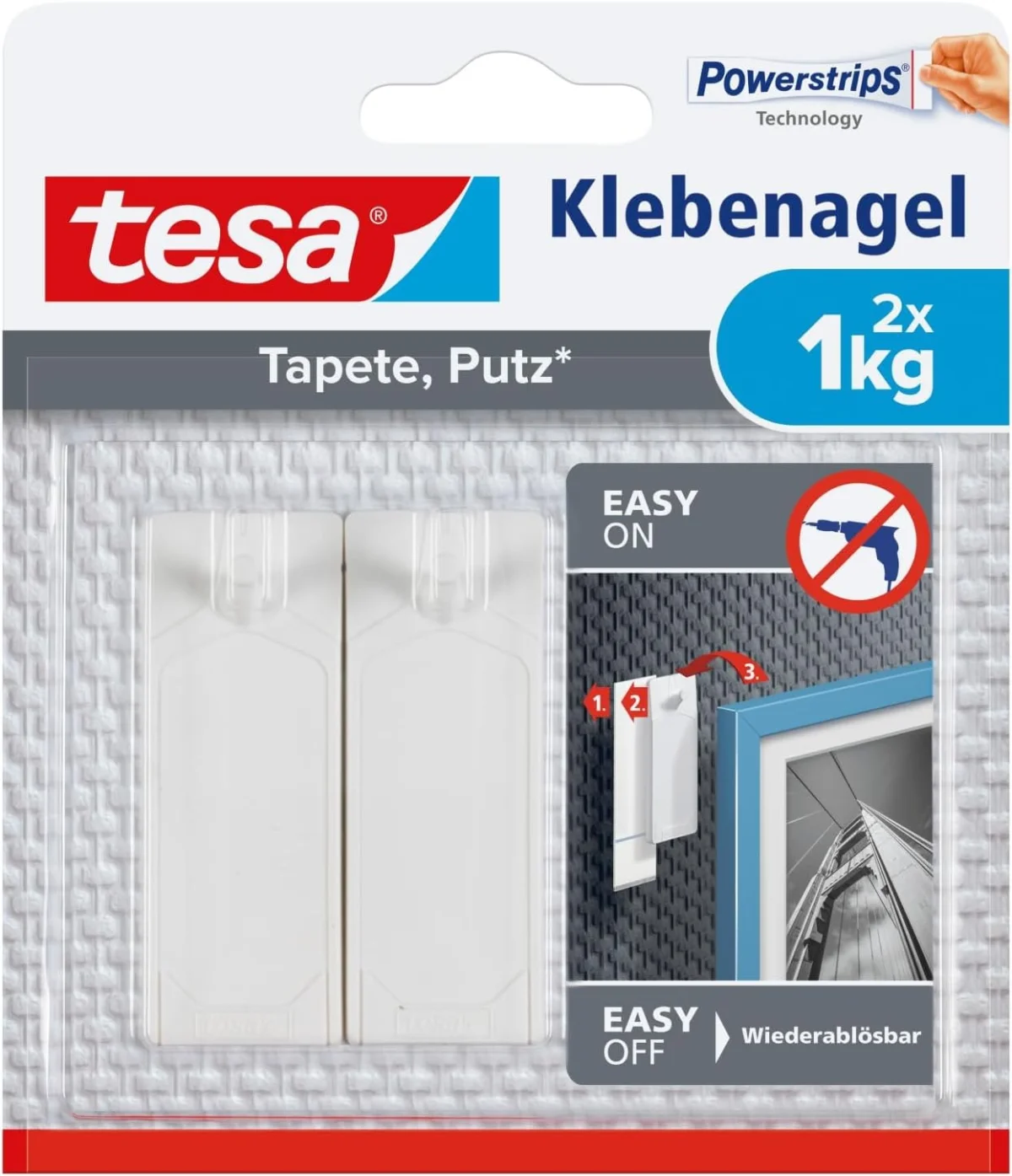 tesa Klebenagel für Tapete & Putz – 2 Nägel inkl. Powerstrips (1kg)