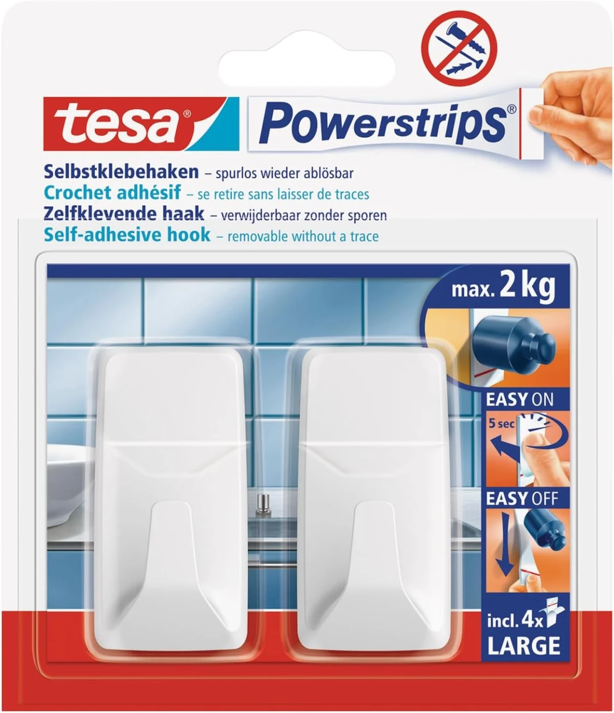 tesa Powerstrips Haken Large ECKIG – Weiß – Halteleistung (2kg)