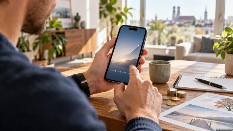 Person hält ein Smartphone am Schreibtisch – Symbolbild zum Trade Republic Altersvorsorgedepot 2027.
