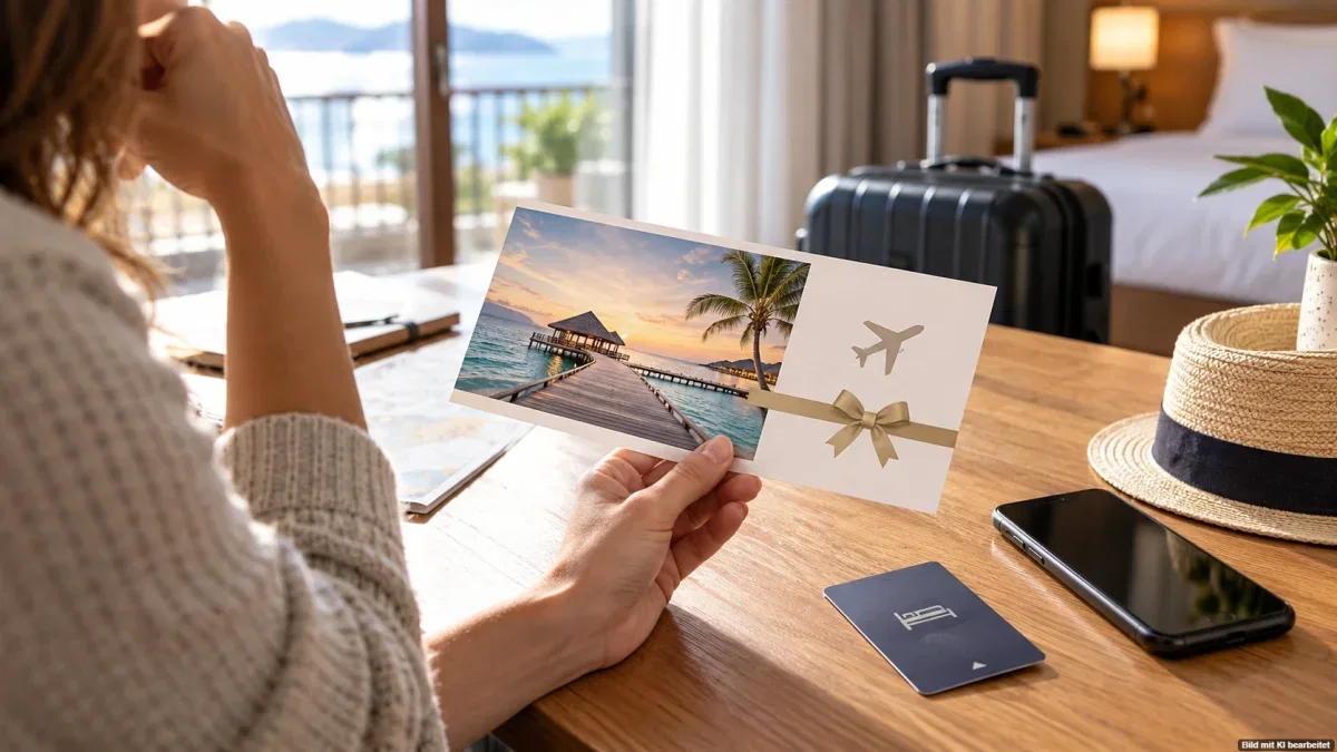Symbolischer Reisegutschein auf einem Tisch zur Insolvenz von Voucherwonderland