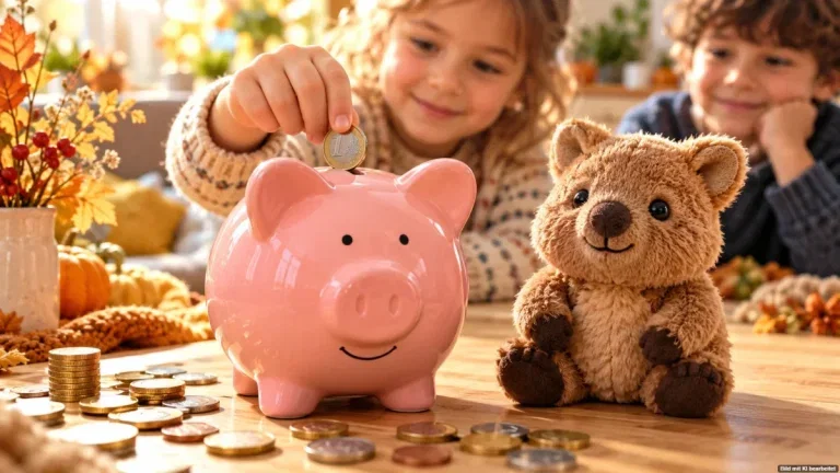 Sparschwein, Euro-Münzen und ein Quokka-Plüschtier als Symbol für Geschenke zum Weltspartag 2026