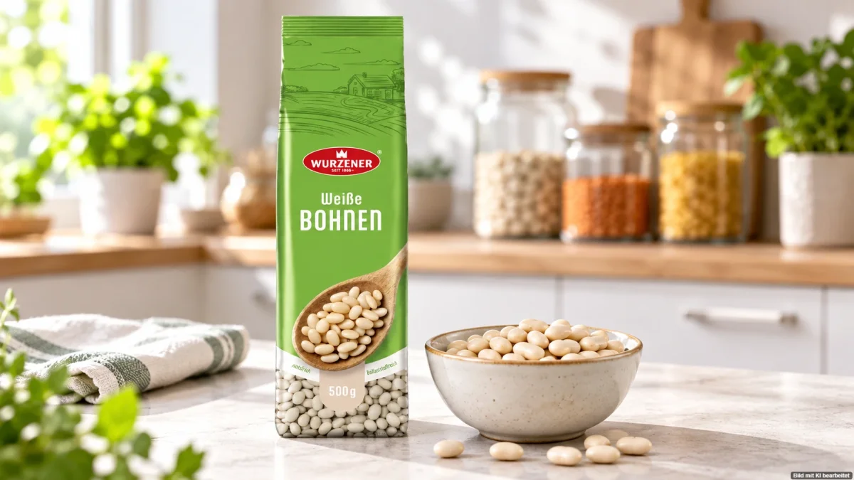 Wurzener Weiße Bohnen in grüner 500-g-Verpackung neben einer Schale mit weißen Bohnen