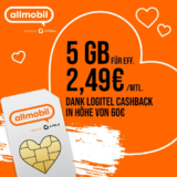 📱 Allmobil Flat M: 5 GB LTE für 4,99 € pro Monat + 60 € Amazon-Gutschein  [Effekt. 2,49 € mtl.]