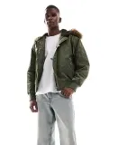 Asos DESIGN – Oversize-MA1-Bomberjacke in Khaki mit Kapuze mit Kunstpelzbesatz