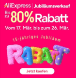 AliExpress 15 Jahre Jubiläum – z.B. 2€ ab 19€, 6€ ab 39€, 8€ ab 59€, 12€ ab 89€, 20€ ab 139€, 40€ ab 239€, 60€ ab 369€ MBW