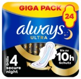 3x Always Ultra Binden Damen Gr. 4, Secure Night (24 Damenbinden mit Flügeln) Giga Pack ab 8,70 € inkl. Prime Versand (statt 15,77 €)