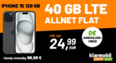 Apple iPhone 15 + Klarmobil Allnet Flat 40 GB 5G für 24,99 € / Monat + 99,99 € einmalig