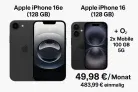 MediaMarkt Tarifwelt: Apple iPhone 16 (128 GB) + Apple iPhone 16e (128 GB)  + o2 2x Mobile L 100 GB 5G für 49,98 € / Monat + 483,99 € einmalig