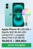 Starmobile: Apple Iphone 16 (128 Gb) + Signify Wiz Wlan Led-Lampe E27 + Congstar Allnet Flat S 25 Gb 5G Für 19,00 € / Monat + 384,90 € Einmalig