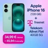 Mediamarkt Tarifwelt: Apple Iphone 16 (128 Gb) + Freenet Telekom Allnet Flat 40Gb 5G Für 34,99 € / Monat + 45,94 € Einmalig