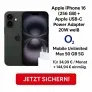 MediaMarkt Tarifwelt: Apple iPhone 16 (256 GB) + Apple USB-C Power Adapter 20W weiß + o2 Mobile Unlimited Max 50GB 5G für 34,99 € / Monat + 144,94 € einmalig