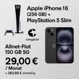 Gomibo: Apple iPhone 16 (256 GB) + PlayStation 5 Slim + congstar Allnet-Flat 150 GB 5G für 29,00 € / Monat + 363,95 € einmalig