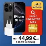 MediaMarkt Tarifwelt: Apple iPhone 16 Pro (128 GB) + Apple USB-C Power Adapter 20W + o2 Mobile Unlimited Max 100GB 5G für 44,99 € / Monat + 46,94 € einmalig