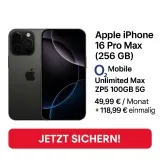 Mediamarkt Tarifwelt: Apple Iphone 16 Pro Max (256 Gb) + O2 Mobile Unlimited Max Zp5 100Gb 5G Für 49,99 € / Monat + 118,99 € Einmalig