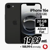Mediamarkt Tarifwelt: Apple Iphone 16E (128 Gb) + Freenet Vodafone Allnet Flat 20 Gb 5G Für 19,99 € / Monat + 188,99 € Einmalig