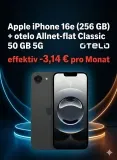 Logitel: Apple iPhone 16e (256 GB) + otelo Allnet-flat Classic 50 GB 5G für 19,99 € / Monat + 153,99 € einmalig