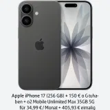MediaMarkt Tarifwelt: Apple iPhone 17 (256 GB) + 150 € o2 Guthaben + o2 Mobile Unlimited Max 35GB 5G für 34,99 € / Monat + 405,93 € einmalig