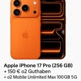 MediaMarkt Tarifwelt: Apple iPhone 17 Pro (256 GB) + 150 € o2 Guthaben + o2 Mobile Unlimited Max 100GB 5G für 44,99 € / Monat + 535,93 € einmalig