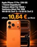 MediaMarkt Tarifwelt: Apple iPhone 17 Pro  (256 GB) + freenet Doppelkarte: Telekom Allnet Flat 100GB + Telefónica Allnet Flat 10GB 100 GB 5G (Tarif 1) + 10 GB 5G (Tarif 2) für 49,98 € / Monat + 344,94 € einmalig