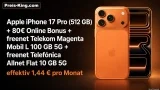 MediaMarkt Tarifwelt: Apple iPhone 17 Pro (512 GB) + 80€ Online Bonus + freenet Telekom Magenta Mobil L 100 GB 5G + freenet Telefónica Allnet Flat 10 GB 5G für 54,94 € / Monat + 244,94 € einmalig