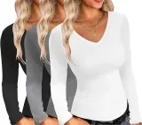 Ekouaer Damen Langarmshirt mit V-Ausschnitt 3 Pack (6 Farben, Gr. S bis XXL) für 23,99 € inkl. Versand (statt 39,99 €)