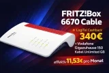 Logitel: FRITZ!Box 6670 Cable + LogiTel Cashback 340€ + Vodafone Gigazuhause 150 Kabel Unlimited GB ab 19,99 € / Monat (44,99 € ab 10. Monat) + 1,00 € einmalig