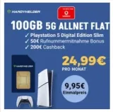 🔥Playstation 5 Slim Digital Edition (einmalig 9,95€) mit klarmobil Vodafone Allnet Flat (100 GB) für 24,99€ mtl. + 200€ Cashback + 50€ Wechselbonus
