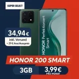 MediaMarkt Tarifwelt: Honor 200 Smart (256 GB) + 1-Jahr Lizenz für McAfee LiveSafe Device Attach + Super Select XS 3GB 5G für 3,99 € / Monat + 35,94 € einmalig