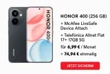 Mediamarkt Tarifwelt: Honor 400 (256 Gb) + Mcafee Livesafe Device Attach + Telefónica Allnet Flat 10+ 17Gb 5G Für 6,99 € / Monat + 74,94 € Einmalig