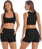 IDOPIP Sport-Set Damen : Gym Set mit Sport BH Wickeloberteil Shorts mit Taschen (3-teilig, Gr. XS bis L, 3 Farben)