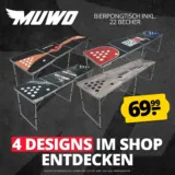 MUWO Bierpong Tisch Set mit 22 Bechern (4 Styles) ab 64,99 € inkl. Versand