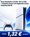 Logitel: Sony PlayStation 5 SLIM – Disc (1 GB) + 50 € Vodafone Guthaben + Vodafone Smart Lite Gigakombi-vorteil Unlimited GB 5G für 29,99 € / Monat + 1,00 € einmalig