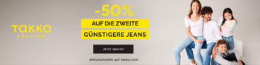 Takko: 50 % Extra Rabatt auf die zweite günstigere Jeans – auch auf Sale Artikel (Takko Friends)