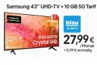Blau: Samsung 43 Zoll TV GU43DU7170UXZG + Blau Allnet S 10 GB 5G für 27,99 € / Monat + 5,99 € einmalig