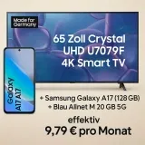 Blau: Samsung 65 Zoll Crystal UHD U7079F 4K Smart TV + Samsung Galaxy A17 (128 GB) + Blau Allnet M 20 GB 5G für 35,99 € / Monat + 29,99 € einmalig