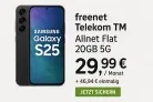 MediaMarkt Tarifwelt: Samsung Galaxy S25 (128 GB) + freenet Telekom TM Allnet Flat 20GB 5G für 29,99 € / Monat + 46,94 € einmalig