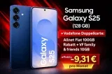 MediaMarkt Tarifwelt: Samsung Galaxy S25 (128 GB) + 80 € Online Bonus + Vodafone Doppelkarte: Allnet Flat 100GB Rabatt + VF family & friends 10GB für 16,98 € / Monat + 84,95 € einmalig