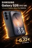 MediaMarkt Tarifwelt: Samsung Galaxy S26 (512 GB) + 240 € Online Bonus + freenet Telekom Allnet Flat 50GB 5G für 44,99 € / Monat + 29,95 € einmalig