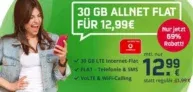 Vodafone Allnet Flat mit 30GB LTE (50 Mbit/s) für 12,99 € mtl. + 9,99 € Anschlusskosten +VoLTE & WiFi-Calling + eSim möglich