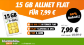 Klarmobil Prime Deal: Vodafone Allnet Flat 15 GB LTE (50 Mbit/s) für 7,99 € mtl. keine AG