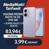 MediaMarkt Tarifwelt: Xiaomi Redmi Note 14 5G (256 GB) + Super Select XS 3GB 5G für 3,99 € / Monat + 83,94 € einmalig