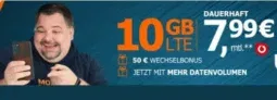 10 GB LTE Allnet-Flat im Vodafone-Netz (50 Mbit/s) für 7,99 € mtl. + 50,00 € Wechselbonus + keine Anschlusskosten