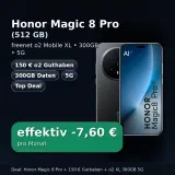 MediaMarkt Tarifwelt: Honor Magic 8 Pro (512 GB) + 150 € o2 Guthaben + freenet o2 Mobile XL 300GB 5G für 39,99 € / Monat + 94,94 € einmalig