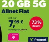 freenet: Telekom Allnet- und SMS-Flat mit 20GB 5G (50 Mbit/s + VoLTE, WLAN Call) für 7,99€ mtl.