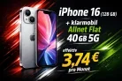 klarmobil: iPhone 16 (128 GB) + klarmobil Allnet Flat 40 GB 5G für 29,99 € / Monat + 19,99 € einmalig