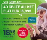 o2 Allnet-Flat  40GB LTE (225 Mbit/s) inkl. VoLTE & WLAN Call für 18,99 € mtl.